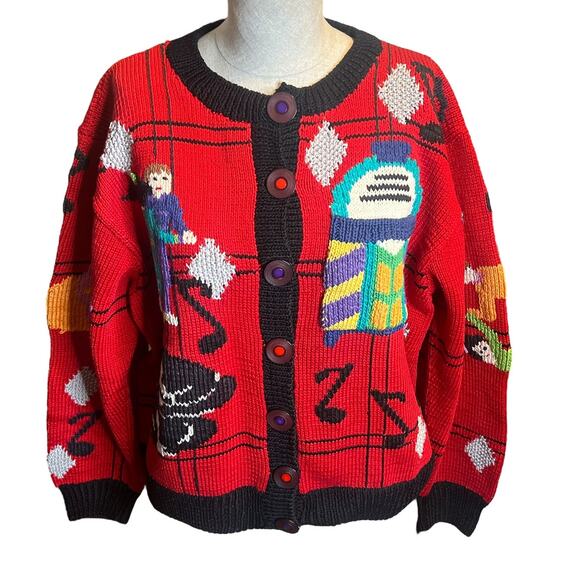 VTG Berek Marta D Cardigan Sweater Large Jukebox Sock Hop Dancing Records - Picture 1 of 13
